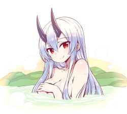 Rule 34 | 1girl, chan co, collarbone, covering privates, covering breasts, covering nipples, fate/grand order, fate (series), horns, long hair, oni, onsen, red eyes, silver hair, smile, solo, tomoe gozen (fate), topless, upper body, water
