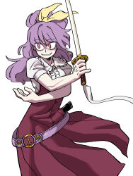 Rule 34 | 1girl, absurdres, belt, commentary, dress, eddybird55555, english commentary, hair ribbon, highres, holding, holding sword, holding weapon, looking to the side, medium hair, parted lips, ponytail, purple hair, red dress, red eyes, ribbon, short sleeves, simple background, smile, solo, sword, touhou, watatsuki no yorihime, weapon, white background, yellow ribbon