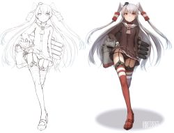 Rule 34 | 10s, 1girl, amatsukaze (kancolle), bad id, bad twitter id, black panties, brown eyes, character name, dress, frown, garter straps, hand on own hip, kantai collection, lineart, long hair, panties, sailor dress, school uniform, serafuku, short dress, side-tie panties, solo, striped clothes, striped thighhighs, strut, thigh gap, thighhighs, tomari (veryberry00), twintails, two side up, underwear, unfinished, very long hair, walking, white hair, wind, wind lift