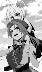 Rule 34 | 2girls, beret, blush, braid, cloud, cloudy sky, commentary request, fang, greyscale, hair ribbon, hand on another&#039;s leg, hands on another&#039;s head, hat, hat ornament, highres, hong meiling, long hair, long sleeves, mary janes, monochrome, multiple girls, neck ribbon, nodoguro (phi-tan), open mouth, ribbon, rumia, shoes, short hair, short sleeves, sitting on shoulder, skirt, sky, sleeve bow, smile, socks, star (symbol), star hat ornament, teeth, touhou, twin braids, upper teeth only, vest