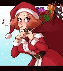 Rule 34 | 1girl, absurdres, antlers, blush, breasts, brown eyes, brown hair, christmas, curly hair, finger to mouth, gift, hat, highres, horns, morgana (persona 5), okumura haru, persona, persona 5, santa costume, santa hat, scruffyturtles, smile, solo, upper body