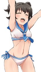 Rule 34 | 10s, 1girl, akagi miria, armpits, arms up, bikini, black hair, blush, breasts, closed eyes, idolmaster, idolmaster cinderella girls, navel, open mouth, sailor bikini, sailor collar, sailor swimsuit (idolmaster), shift (waage), short hair, small breasts, smile, solo, swimsuit, twintails, two side up