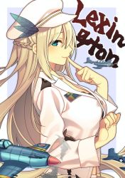 Rule 34 | 1girl, absurdres, aircraft, bad id, bad twitter id, black bra, blonde hair, blue background, blue eyes, blush, bra, braid, breasts, btd-1 destroyer, buttons, character name, crown braid, finger to mouth, from side, hair ornament, hashido kimitaka, hat, highres, index finger raised, jacket, lace, lace bra, lexington (warship girls r), long hair, long sleeves, looking at viewer, looking to the side, military jacket, peaked cap, solo, supermarine seafang, text focus, two-tone background, underwear, upper body, warship girls r, white background, white hat, white jacket