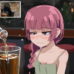 Rule 34 | 1girl, alcohol, bar (place), blunt bangs, blush, bocchi the rock!, braid, breasts, brown hair, bubble, closed mouth, commentary, drunk, fang, fang out, glass, green shirt, half-closed eyes, highres, hiroi kikuri, indoors, kurokimoko, long hair, pouring, purple eyes, reference inset, shirt, sleeveless, sleeveless shirt, small breasts, smile, squeans, stool, sweat, upper body