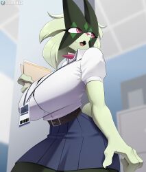 Rule 34 | 1girl, 2024, absurdres, artist request, bad tag, belt, blue skirt, breasts, clothes, cooliehigh, creatures (company), dress shirt, female focus, folder, furry, furry female, game freak, gen 9 pokemon, generation 9 pokemon, green fur, green hair, highres, holding, holding folder, huge breasts, id card, lanyard, looking at viewer, low-angle shot, meowscarada, nintendo, office, office lady, open mouth, pink eyes, pokemon, pokemon (creature), puffy sleeves, shirt, short sleeves, skirt, solo, subscribestar username, tail, waist belt, white cloths