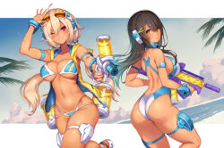 Rule 34 | 2girls, ahoge, alternate costume, alternate hairstyle, ass, asura archer aoi, asura ninja aoi, beach, bikini, black hair, blonde hair, blush, breasts, brown hair, competition swimsuit, dark-skinned female, dark skin, day, eyewear on head, hand up, highleg, highleg swimsuit, holding, holding water gun, large breasts, long hair, looking at viewer, megami device, multi-strapped bikini, multicolored clothes, multicolored swimsuit, multiple girls, navel, nidy, one-piece swimsuit, one eye closed, outdoors, palm tree, red eyes, sideboob, sky, smile, sunglasses, swimsuit, tan, thigh strap, thighs, tree, twintails, two-tone swimsuit, very long hair, water gun, wet, wet clothes, wet swimsuit, yellow eyes