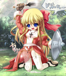 Rule 34 | chibi, cross, high priest (ragnarok online), mace, poring, priestess, pussy juice, ragnarok online, shield, solo, thighhighs, translated, weapon