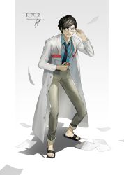 Rule 34 | 1boy, absurdres, black footwear, black hair, blue necktie, blue shirt, btmr game, copyright name, glasses, grin, highres, holding, hunched over, juice box, lab coat, long sleeves, male focus, maruki takuto, necktie, opaque glasses, pants, paper, partially opaque glasses, persona, persona 5, persona 5 the royal, sandals, shadow, shirt, signature, simple background, smile, solo, standing