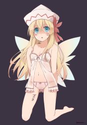 Rule 34 | 1girl, babydoll, blonde hair, blue eyes, body writing, collarbone, crying, crying with eyes open, empty eyes, fairy wings, hat, highres, kneeling, lily white, lingerie, long hair, looking at viewer, multiple girls, navel, panties, pink panties, shaded face, simple background, solo, tally, tears, touhou, underwear, underwear only, very long hair, wings, yutamaro