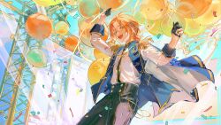 Rule 34 | 1boy, :d, aiguillette, arm up, balloon, black gloves, black pants, blonde hair, confetti, ensemble stars!, epaulettes, gloves, green eyes, half gloves, hand up, holding, jacket, kei (keiuu), long sleeves, looking at viewer, male focus, open mouth, orange hair, outdoors, pants, partially fingerless gloves, shirt, shirt tucked in, short hair, smile, solo, stage, teeth, tsukinaga leo, upper teeth only, vest, white shirt
