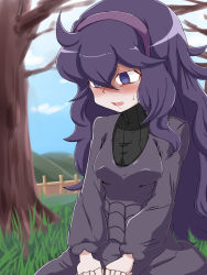 Rule 34 | 1girl, @ @, ahoge, blue sky, blush, breasts, cloud, creatures (company), day, dress, female focus, fence, game freak, grass, hairband, hands together, hex maniac (pokemon), highres, jaggy lines, long hair, long sleeves, looking down, matching hair/eyes, medium breasts, nervous, nintendo, npc trainer, open mouth, outdoors, pokemon, pokemon xy, purple dress, purple eyes, purple hair, purple hairband, sitting, sky, sweat, tamanegi009, tree, turtleneck, turtleneck dress
