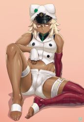 Rule 34 | 1girl, bare shoulders, barefoot, blonde hair, breasts, closed mouth, commentary request, dark-skinned female, dark skin, expressionless, feet, finalcake, fingerless gloves, gloves, guilty gear, hat, highres, looking at viewer, ramlethal valentine, short shorts, shorts, simple background, single thighhigh, sitting, solo, thighhighs, toes, white gloves, white hat, white shorts