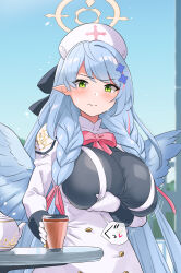 Rule 34 | 1girl, blue archive, blue hair, blush, bow, braid, breasts, cup, day, gloves, green eyes, halo, hat, highres, huge breasts, juliet sleeves, kettle, long hair, long sleeves, looking at viewer, mine (blue archive), multicolored hair, nurse cap, pink bow, pointy ears, puffy sleeves, solo, streaked hair, table, teacup, twin braids, very long hair, white gloves, wings, yuuichi (reductionblack)