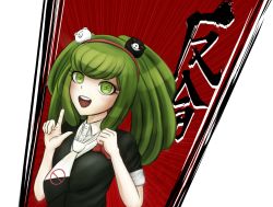 Rule 34 | 1girl, alternate breast size, alternate costume, alternate hair length, alternate hairstyle, bear hair ornament, black shirt, breasts, child, clenched hand, collared shirt, danganronpa (series), danganronpa 3 (anime), finger gun, fingernails, green eyes, green hair, hair ornament, hairband, hand up, hands up, headband, highres, japanese text, long eyelashes, looking at viewer, matching hair/eyes, necktie, official style, open mouth, outstretched finger, pointing, red background, red hairband, red headband, red headwear, shirt, short sleeves, simple background, small breasts, swastika, teeth, thumb out, tongue, towa monaca, transparent background, twintails, upper body, upper teeth only, white neckwear