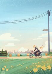 Rule 34 | 1boy, 1girl, bicycle, black pants, blonde hair, braid, cartoonized, city, closed eyes, cloud, cocoreena, commentary, english commentary, flower, grass, head tattoo, highres, pants, riding, riding bicycle, river, road sign, ryuuguuji ken, sano emma, shirt, sign, single braid, smile, tokyo revengers, toon (style), white shirt