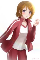 Rule 34 | 1girl, :o, absurdres, artist name, artist request, blush, breasts, brown hair, female focus, hair between eyes, highres, jacket, koizumi hanayo, long sleeves, looking at viewer, love live!, love live! school idol festival, love live! school idol project, open clothes, open jacket, pants, parted lips, red jacket, red pants, shirt, short hair, small breasts, smile, solo, track jacket, track pants, white background, white shirt, zipper, zipper pull tab