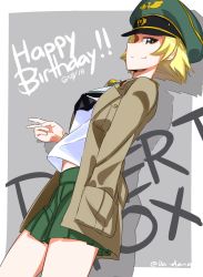Rule 34 | 10s, 1girl, annotated, black bow, blonde hair, bow, brown eyes, brown jacket, closed mouth, commentary, cowboy shot, dated, english text, erwin (girls und panzer), from side, girls und panzer, goggles, goggles on headwear, green hat, grey background, hachikirra, happy birthday, hat, highres, jacket, long sleeves, looking at viewer, military hat, military jacket, ooarai school uniform, open clothes, open jacket, outline, outside border, peaked cap, pointy hair, school uniform, shadow, short hair, smile, solo, standing, text background, twitter username, v, white outline