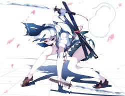 Rule 34 | 1girl, blue eyes, brown footwear, colored skin, commentary request, highres, holding, holding sword, holding weapon, ikurauni, konpaku youmu, looking at viewer, multicolored clothes, shadow, solo, sword, touhou, weapon, white background, white hair, white skin