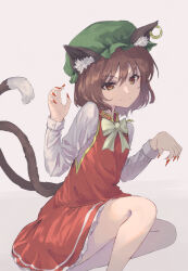 Rule 34 | 1girl, animal ear fluff, animal ears, brown eyes, brown hair, cat ears, cat tail, chen, closed mouth, dress, earrings, fingernails, green hat, hair between eyes, hat, highres, jewelry, long fingernails, long sleeves, menotoa, mob cap, multiple tails, nail polish, red dress, red nails, sharp fingernails, shirt, short hair, single earring, smile, solo, tail, touhou, two tails, white shirt