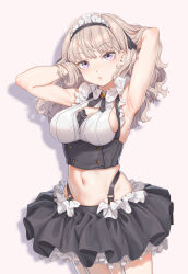 Rule 34 | 1girl, armpits, arms behind head, arms up, bare arms, bare shoulders, black skirt, breasts, cleavage cutout, closed mouth, clothing cutout, collared shirt, cowboy shot, crop top, fangxiang cuoluan, frilled shirt, frills, garter straps, hands in hair, highleg, highres, large breasts, long hair, looking at viewer, maid, maid headdress, midriff, miniskirt, navel, neck ribbon, original, purple eyes, ribbon, shirt, silver hair, simple background, skindentation, skirt, sleeveless, sleeveless shirt, solo, stomach, sweatdrop, underbust, white background, white shirt