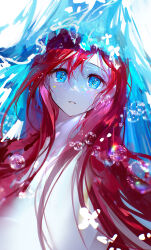 Rule 34 | 1girl, absurdres, blue eyes, bubble, forehead, highres, korean commentary, light particles, long hair, looking at viewer, no nose, original, parted bangs, parted lips, red hair, shaded face, solo, solraka, upper body