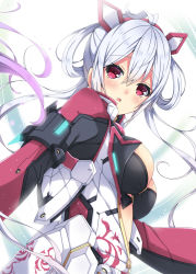 Rule 34 | 1girl, :o, ahoge, armor, blush, breasts, cleavage, glowing, hair between eyes, hair ornament, hairband, headgear, highres, innocent cluster, large breasts, long hair, long sleeves, looking at viewer, looking to the side, matoi (pso2), milkpanda, open mouth, phantasy star, phantasy star online 2, red eyes, silver hair, solo