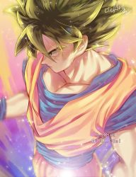 Rule 34 | 1boy, artist name, aura, black eyes, black hair, blue background, blurry, dougi, dragon ball, dragonball z, expressionless, floating hair, from above, frown, glowing, gradient background, highres, looking away, male focus, multicolored background, orange background, pink background, profile, purple background, serious, shaded face, short hair, simple background, solo, son goku, sparkle, standing, tarutobi, twitter username, upper body, wristband