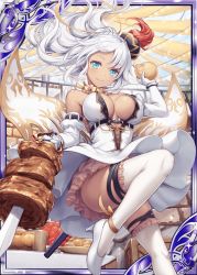 Rule 34 | 1girl, akkijin, blue eyes, breasts, card (medium), carnival, churrasco, collarbone, dress, food, fruit, gloves, hat, large breasts, looking at viewer, meat, official art, outdoors, ribbon, shinkai no valkyrie, smile, thighhighs, white dress, white footwear, white gloves, white hair, white thighhighs, yellow ribbon