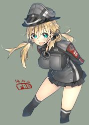 Rule 34 | 10s, 1girl, anchor hair ornament, arms behind back, blonde hair, blush, breasts, fbc, hair ornament, hat, highres, kantai collection, large breasts, long hair, long sleeves, looking at viewer, military, military uniform, open mouth, peaked cap, prinz eugen (kancolle), simple background, skirt, smile, solo, twintails, uniform