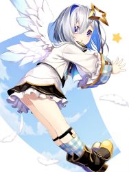 Rule 34 | 1girl, amane kanata, amane kanata (1st costume), angel wings, blue eyes, blue hair, bob cut, boots, chestnut mouth, colored inner hair, feathers, fenrir (fenlil0316), full body, halo, highres, hololive, long sleeves, looking at viewer, multicolored hair, plaid footwear, short hair, silver hair, single hair intake, solo, star (symbol), star halo, two-tone hair, virtual youtuber, white background, wings