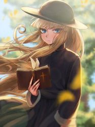 Rule 34 | 1girl, bible (object), black dress, black hat, blonde hair, blue eyes, blurry, blurry background, blurry foreground, book, closed mouth, day, dress, fire sorcerer, floating hair, frown, hat, highres, holding, lens flare, long hair, long sleeves, looking at viewer, milmir, open book, outdoors, solo, standing, sun hat, very long hair, yu-gi-oh!