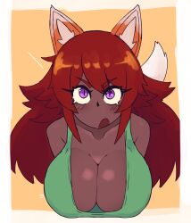 Rule 34 | !, 1girl, absurdres, animal ear fluff, animal ears, bare shoulders, breasts, cleavage, collarbone, dark-skinned female, dark skin, doce, female focus, fox ears, fox girl, fox tail, green shirt, highres, large breasts, long hair, looking at viewer, open mouth, orange background, purple eyes, red hair, shirt, solo, tail, tank top, terraria, upper body, zoologist (terraria)