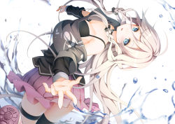Rule 34 | 1girl, :o, black thighhighs, blue eyes, braid, breasts, cleavage, crop top, crop top overhang, downblouse, eyebrows, fingernails, hair between eyes, hair ornament, highres, ia (vocaloid), jewelry, leaning back, long fingernails, long hair, long sleeves, looking at viewer, miniskirt, motion blur, off shoulder, outstretched arms, palms, parted lips, pink skirt, pleated skirt, reaching, ring, shoe soles, silver hair, single thighhigh, skirt, solo, thigh strap, thighhighs, twin braids, very long hair, vocaloid, water, water drop, white background, yoshino ryou