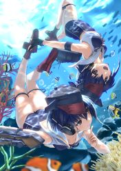 Rule 34 | 10s, 2girls, :d, air bubble, ass, bare shoulders, blue hair, brown eyes, bubble, commentary request, coral, finger to mouth, fish, gloves, hair between eyes, hat, headphones, highres, i-13 (kancolle), i-14 (kancolle), index finger raised, kantai collection, kneepits, multiple girls, one-piece swimsuit, open mouth, partially fingerless gloves, rock, sailor collar, school swimsuit, short hair, shushing, siblings, sisters, smile, swimsuit, tsuuhan, underwater, upside-down
