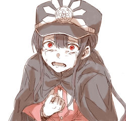 Rule 34 | 1boy, black cloak, black hair, black headwear, cloak, crest, crying, crying with eyes open, family crest, fate/grand order, fate (series), gloves, hair between eyes, highres, jacket, long hair, long sleeves, looking at viewer, low ponytail, male focus, oda nobukatsu (fate), oda uri, open mouth, ponytail, red eyes, red jacket, sidelocks, simple background, solo, tachitsu teto, tears, upper body, very long hair, white background, white gloves