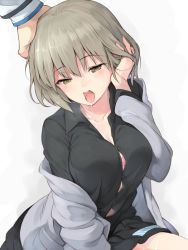 Rule 34 | 10s, 1girl, bad id, bad pixiv id, black shirt, black skirt, blazer, bra, breasts, collarbone, devil survivor, devil survivor 2, eyebrows, grey hair, hakuregu, hand in own hair, hand on another&#039;s head, hand on own head, jacket, large breasts, long sleeves, nitta io, off shoulder, open mouth, out of frame, ribbon, saliva, school uniform, shirt, short hair, simple background, sitting, skirt, solo focus, striped ribbon, suggestive fluid, teeth, tongue, tongue out, tucking hair, underwear, white background, yellow eyes