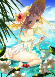 Rule 34 | 1girl, :o, anklet, ass, back, bare legs, bare shoulders, blonde hair, blue eyes, bucket, choker, cloud, day, flower, frilled swimsuit, frills, from behind, gradient background, hair flower, hair ornament, hane segawa, hat, hat flower, hibiscus, jewelry, leaning forward, long hair, long sleeves, looking at viewer, looking back, ocean, one-piece swimsuit, original, outdoors, partially submerged, seashell, shell, shoulder blades, sitting, sky, soles, solo, sparkle, star-shaped pupils, star (symbol), sun hat, swimsuit, symbol-shaped pupils, wariza, water, white one-piece swimsuit