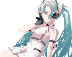 Rule 34 | 1girl, animal, black gloves, blue hair, blush, bug, butterfly, closed eyes, closed mouth, flower, gloves, glowing, hair between eyes, hamuna (hamuna 86), hand up, hatsune miku, headphones, highres, insect, jumpsuit, long hair, short jumpsuit, short sleeves, simple background, smile, solo, very long hair, vocaloid, white background, white flower, white jumpsuit