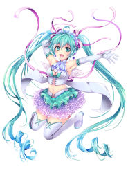 Rule 34 | 1girl, :d, armpits, blue eyes, blue hair, boots, breasts, cleavage, earrings, elbow gloves, floating hair, full body, gloves, hair between eyes, hair ribbon, hatsune miku, jewelry, jumping, layered skirt, long hair, medium breasts, midriff, miniskirt, navel, open mouth, outstretched arm, pink ribbon, ribbon, simple background, skirt, smile, solo, stomach, takitsume shino, thigh boots, thighhighs, twintails, very long hair, vocaloid, white background, white footwear, white gloves