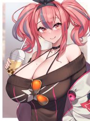 Rule 34 | 1girl, azur lane, bare shoulders, black nails, black sweater, breasts, bremerton (azur lane), bremerton (day-off date) (azur lane), bubble tea, choker, cup, disposable cup, drinking straw, eyelashes, eyewear hang, unworn eyewear, hair between eyes, highres, holding, holding cup, huge breasts, jacket, kuavera, licking lips, mole, mole on breast, mole under eye, multicolored hair, nail polish, official alternate costume, open clothes, open jacket, pink hair, solo, streaked hair, sunglasses, sweater, tinted eyewear, tongue, tongue out, twintails, upper body, white jacket