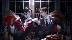 Rule 34 | 2boys, alcohol, amon (lord of the mysteries), angel, black eyes, black hair, black jacket, black necktie, black shirt, bottle, brown eyes, brown hair, cake, cup, dark, drinking glass, earrings, eating, food, fork, glass, gloves, highres, indoors, jacket, jewelry, klein moretti, long sleeves, looking at another, lord of the mysteries, monocle, multiple boys, mxcyc, neckerchief, necktie, night, night sky, parted lips, plant, red jacket, seat, shirt, short hair, sitting, sky, smile, table, teeth, white gloves, white neckerchief, white shirt, window, wine, wine bottle, wine glass