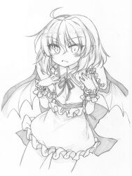 Rule 34 | 1girl, ahoge, back bow, bat wings, bow, collared shirt, fang, fang out, frilled shirt, frilled shirt collar, frilled sleeves, frills, graphite (medium), greyscale, hair between eyes, hat, highres, marukyuu ameya, medium hair, monochrome, neck ribbon, no headwear, open mouth, pointy ears, puffy short sleeves, puffy sleeves, remilia scarlet, ribbon, shirt, short sleeves, simple background, skin fang, skirt, solo, touhou, traditional media, white background, wings, wrist cuffs