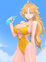 Rule 34 | 1girl, arm behind back, blonde hair, blue nails, blue sky, bottle, breasts, cleavage cutout, clothing cutout, cloud, cloudy sky, commentary, cowboy shot, earrings, green eyes, highleg, highleg swimsuit, highres, holding, holding bottle, jewelry, jun (navigavi), large breasts, long hair, looking at viewer, nail polish, one-piece swimsuit, open mouth, original, outdoors, parted bangs, sky, solo, standing, swimsuit, thighs, underboob, water bottle, yellow one-piece swimsuit