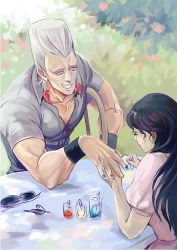 Rule 34 | 1boy, 1girl, applying manicure, black hair, blue nails, brother and sister, collared shirt, earrings, eyelashes, flattop, grey hair, grin, jean pierre polnareff, jewelry, jojo no kimyou na bouken, long hair, looking at another, muscular, nail polish, nail polish bottle, outdoors, painting nails, profile, red nails, sherry polnareff, shirt, short sleeves, siblings, smile, sunglasses, table, toujou shufu, unworn eyewear, wristband, yellow nails