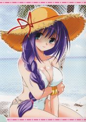 Rule 34 | 1girl, between thighs, blue eyes, blush, bracelet, braid, breast hold, breasts, casual one-piece swimsuit, cleavage, crossed arms, hair over shoulder, hat, highres, jewelry, kanon, long hair, minase akiko, one-piece swimsuit, palm tree, polka dot, purple hair, single braid, sitting, smile, solo, straw hat, sun hat, swimsuit, thighs, tree, watsuki ayamo
