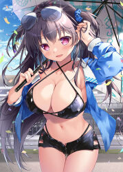 Rule 34 | 1girl, bikini, black bikini, black hair, black shorts, blue coat, blue sky, breasts, cleavage, cloud, coat, collarbone, confetti, day, eyewear on head, hair ornament, hair scrunchie, highres, large breasts, long hair, looking at viewer, mikeou, navel, open mouth, original, outdoors, purple eyes, race queen, racetrack, scrunchie, shorts, sky, smile, solo, stomach, sunglasses, swimsuit, umbrella