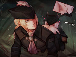 Rule 34 | 2girls, absurdres, anilingus, anus, ass, ass grab, blonde hair, bloodborne, closed mouth, clothes pull, fluffydango, green eyes, hat, heart, highres, lady maria of the astral clocktower, long hair, multiple girls, pants, pants pull, saliva, short hair, tricorne, white hair, wooden floor, yuri