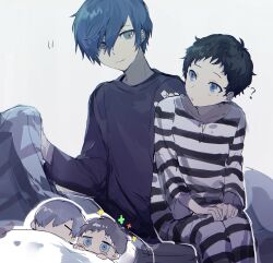 Rule 34 | 2boys, absurdres, bed sheet, black sweater, blue eyes, blue hair, blush, hand on another&#039;s shoulder, highres, male focus, mole, multiple boys, persona, persona 3, pharos, prison clothes, room rem, sleeping, sweater, under covers, yuuki makoto (persona 3), zzz