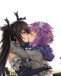 Rule 34 | 10s, 2girls, black hair, blush, couple, d-pad, closed eyes, female focus, french kiss, hair ornament, hand on another&#039;s head, hood, hooded track jacket, hoodie, hug, jacket, kiss, long hair, multiple girls, mutual hug, neptune (neptunia), neptune (series), noire (neptunia), purple hair, red eyes, short hair, sketch, tears, track jacket, twintails, white crow, yuri