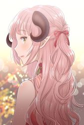Rule 34 | 1girl, backlighting, bare arms, bare shoulders, blurry, blush, bokeh, curled horns, depth of field, dress, from behind, gradient background, hair ribbon, horns, iriam, light particles, long hair, looking at viewer, looking back, myusha, parted lips, pink dress, pink hair, pointy ears, profile, red ribbon, ribbon, ribbon trim, sidelocks, sleeveless, sleeveless dress, solo, turtleneck, turtleneck dress, virtual youtuber, wavy hair, white background, yellow eyes